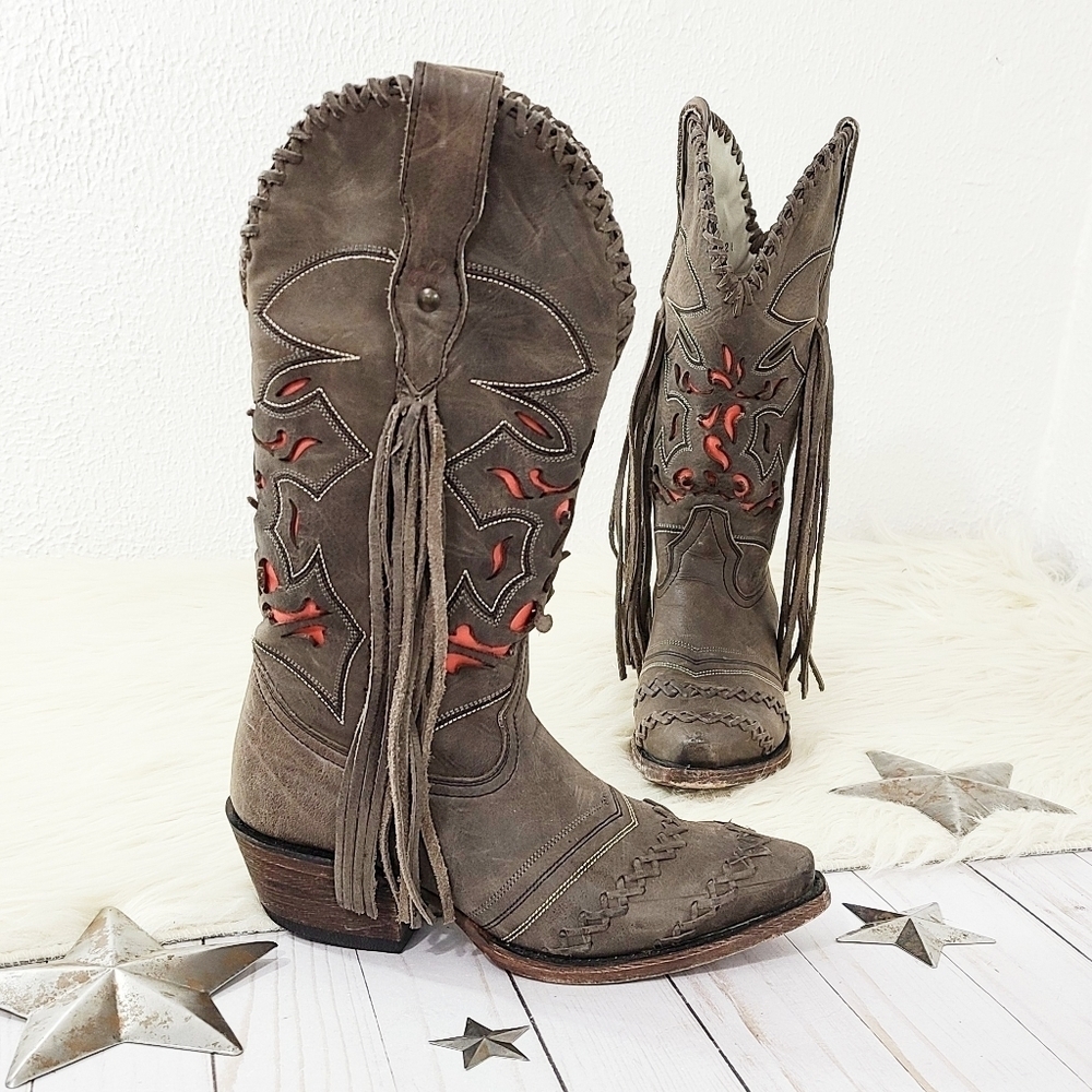 Dusty Rocker Dreamcatcher cowboy boots fringe Brown red Leather Inlay Womens 5.5